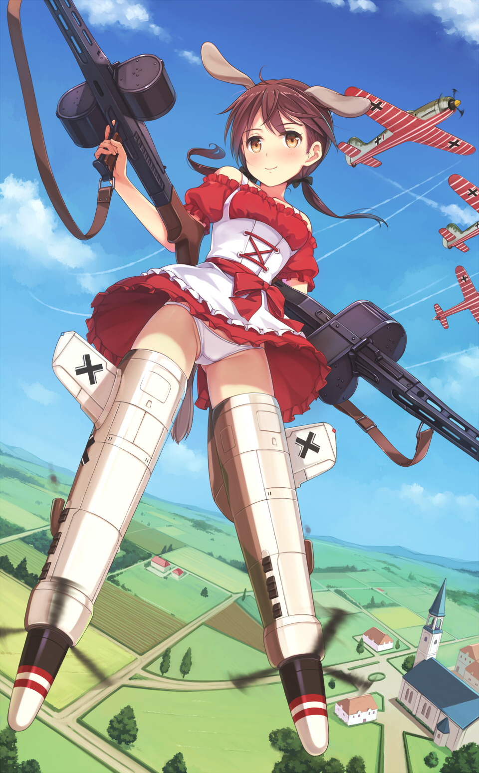 1girl, aircraft, airplane, animal_ears, apron, balkenkreuz, blue_sky, blush, cloud, commentary_request, cross, day, dirndl, dog_ears, dog_tail, double-drum_magazine, dress, drum_magazine, dual_wielding, female_focus, flying, frills, german_clothes, gertrud_barkhorn, gun, gun_sling, high-capacity_magazine, highres, holding, holding_weapon, long_hair, looking_at_viewer, machine_gun, magazine_(weapon), mg42, official_alternate_costume, outdoors, panties, pantyshot, puffy_short_sleeves, puffy_sleeves, red_dress, saddle-drum, short_dress, short_sleeves, sky, smile, solo, strike_witches, striker_unit, tail, underbust, underwear, upskirt, weapon, white_panties, world_witches_series, yokaze_japan