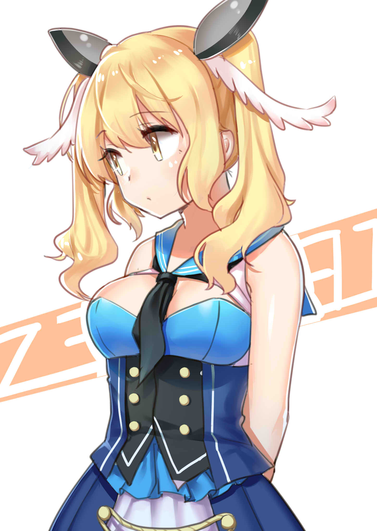 aer_(tengqiu), arms_behind_back, blonde_hair, blue_dress, breasts, cowboy_shot, dress, hair_ornament, highres, looking_to_the_side, necktie, twintails, warship_girls_r, yellow_eyes, z31_(warship_girls_r)