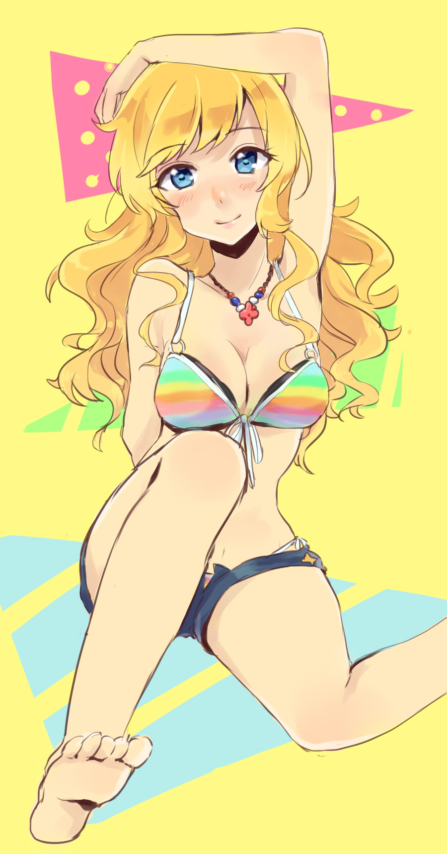 10s, 1girl, arm_over_head, bad_id, bad_pixiv_id, barefoot, bikini, bikini_under_clothes, blonde_hair, blue_eyes, blue_shorts, breasts, cleavage, denim, denim_shorts, domaro_yui, female_focus, front-tie_top, highres, idolmaster, idolmaster_cinderella_girls, idolmaster_cinderella_girls_starlight_stage, jewelry, long_hair, looking_at_viewer, necklace, o-ring, o-ring_top, ohtsuki_yui, open_fly, shorts, side-tie_bikini_bottom, sketch, smile, solo, striped_bikini, striped_clothes, swimsuit, wavy_hair, yellow_background