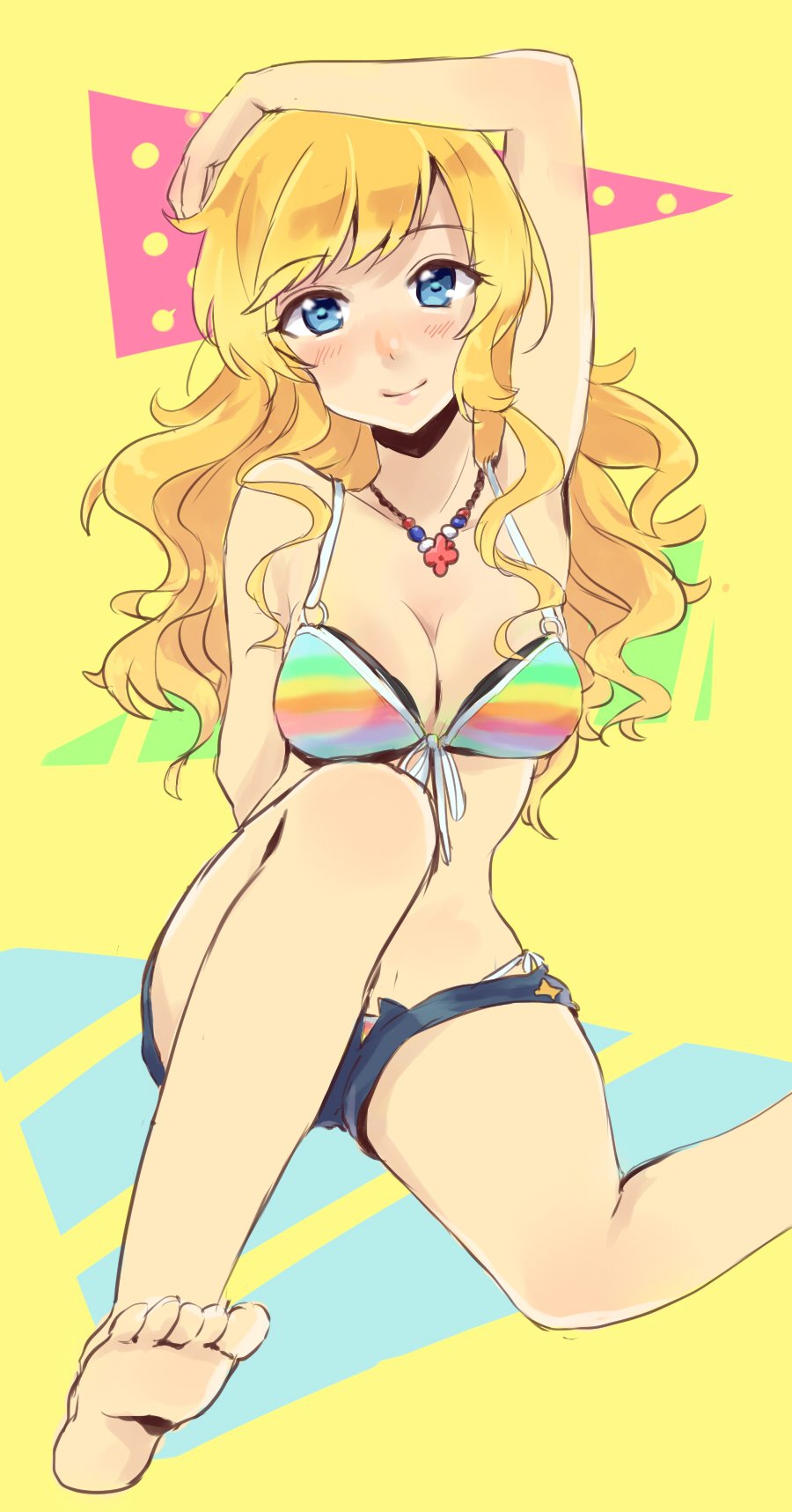 10s, 1girl, arm_over_head, bikini, blonde_hair, blue_eyes, blue_shorts, breasts, cleavage, denim, denim_shorts, domaro_yui, female_focus, highres, idolmaster, idolmaster_cinderella_girls, idolmaster_cinderella_girls_starlight_stage, jewelry, long_hair, necklace, ohtsuki_yui, shorts, sketch, smile, solo, striped_bikini, striped_clothes, swimsuit, wavy_hair, yellow_background