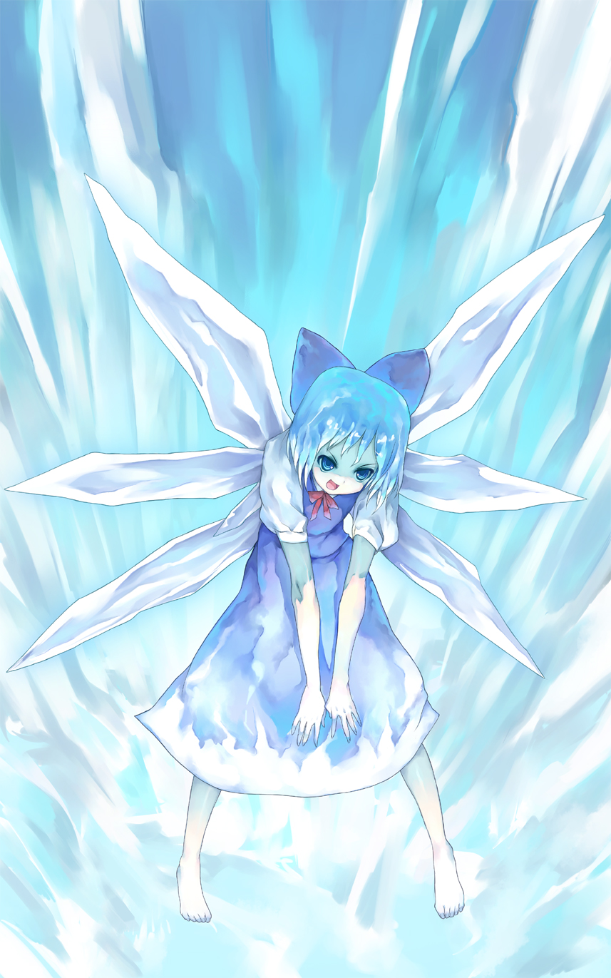 1girl, bad_id, bad_pixiv_id, barefoot, blue_hair, cirno, female_focus, highres