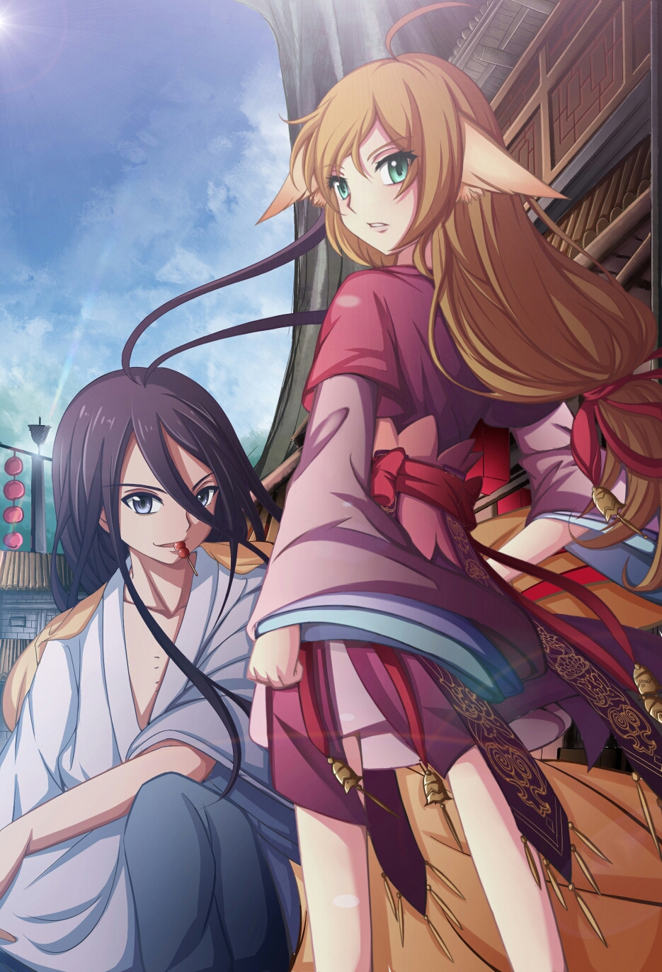 1boy, 1girl, ahoge, animal_ears, antenna_hair, black_hair, chinese_clothes, dongfang_yuechu, fox_ears, green_eyes, hanfu, highres, fox_spirit_matchmaker, long_hair, mouth_hold, purple_eyes, smirk, tanghulu, tushan_honghong, wide_sleeves, yuye_arme