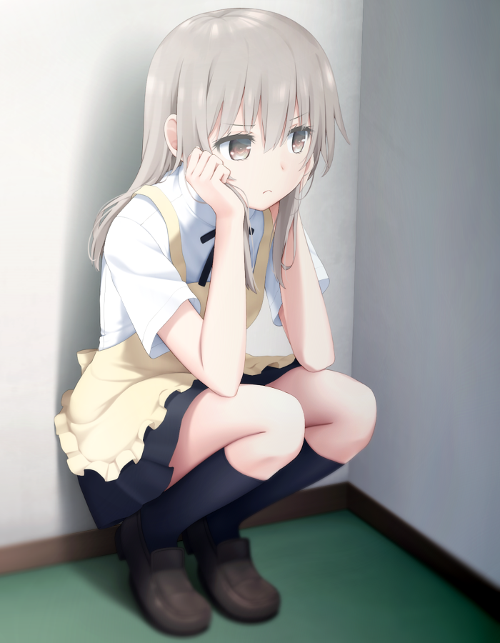 1girl, apron, black_skirt, black_socks, blush, brown_eyes, commentary_request, female_focus