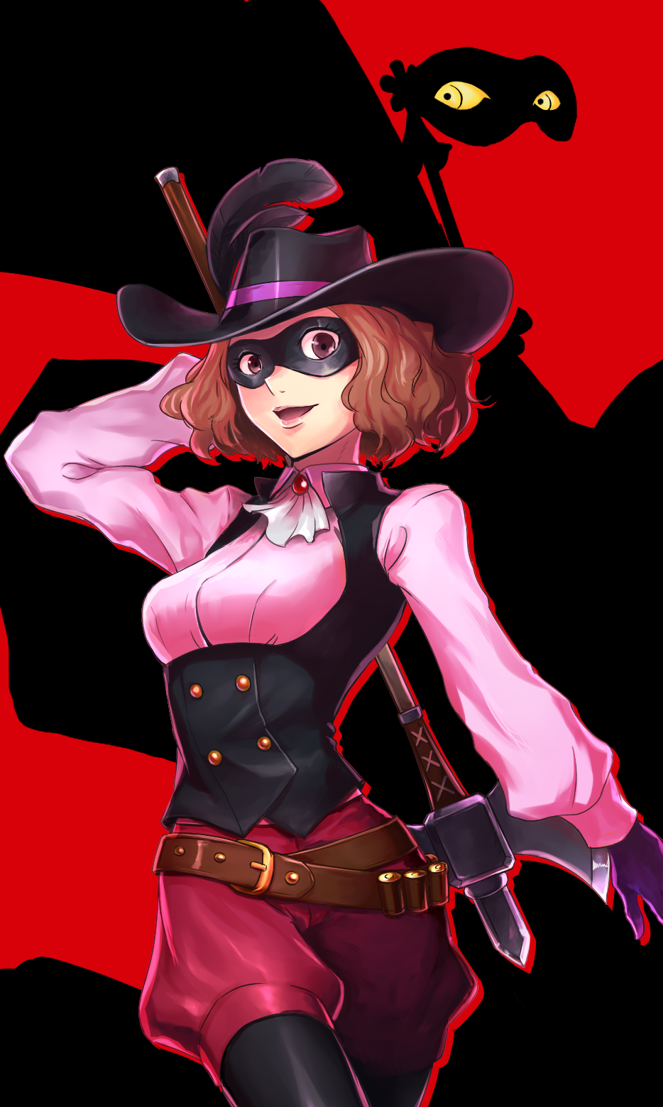 10s, 1girl, axe, brown_hair, domino_mask, eye_mask, female_focus, hat, highres, mask, milady_(persona), noir_(persona_5), nyaasora, okumura_haru, pantyhose, persona, persona_5, short_hair, solo, weapon