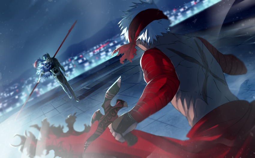 2boys, alternate_costume, angra_mainyu_(fate), archer_(fate), archer_(prisma_illya), bad_id, bad_pixiv_id, bandaged_arm, bandages, blindfold, blue_bodysuit, blue_hair, blurry, bodysuit, cape, cityscape, colored_blindfold, covering_own_eyes, cu_chulainn_(fate), dark_persona, depth_of_field, dutch_angle, fate/kaleid_liner_prisma_illya, fate_(series), fighting, fighting_stance, from_behind, gae_bolg_(fate), holding, holding_weapon, long_hair, male_focus, multiple_boys, outdoors, pantsu_(lootttyyyy), polearm, ponytail, red_cape, rooftop, scar, spear, topless_male, visor, waist_cape, weapon, white_hair