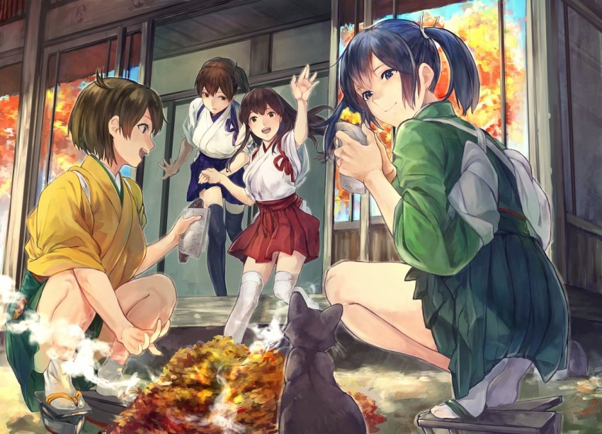 10s, 4girls, akagi_(kancolle), autumn, autumn_leaves, bad_id, bad_twitter_id, black_hair