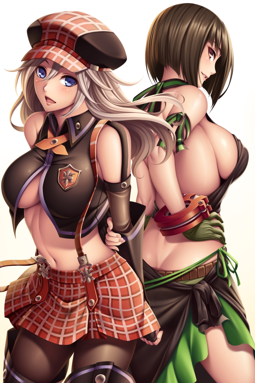 10s, 2girls, absurdres, alisa_ilinichina_amiella, arms_behind_back, ass, back-to-back, bare_shoulders