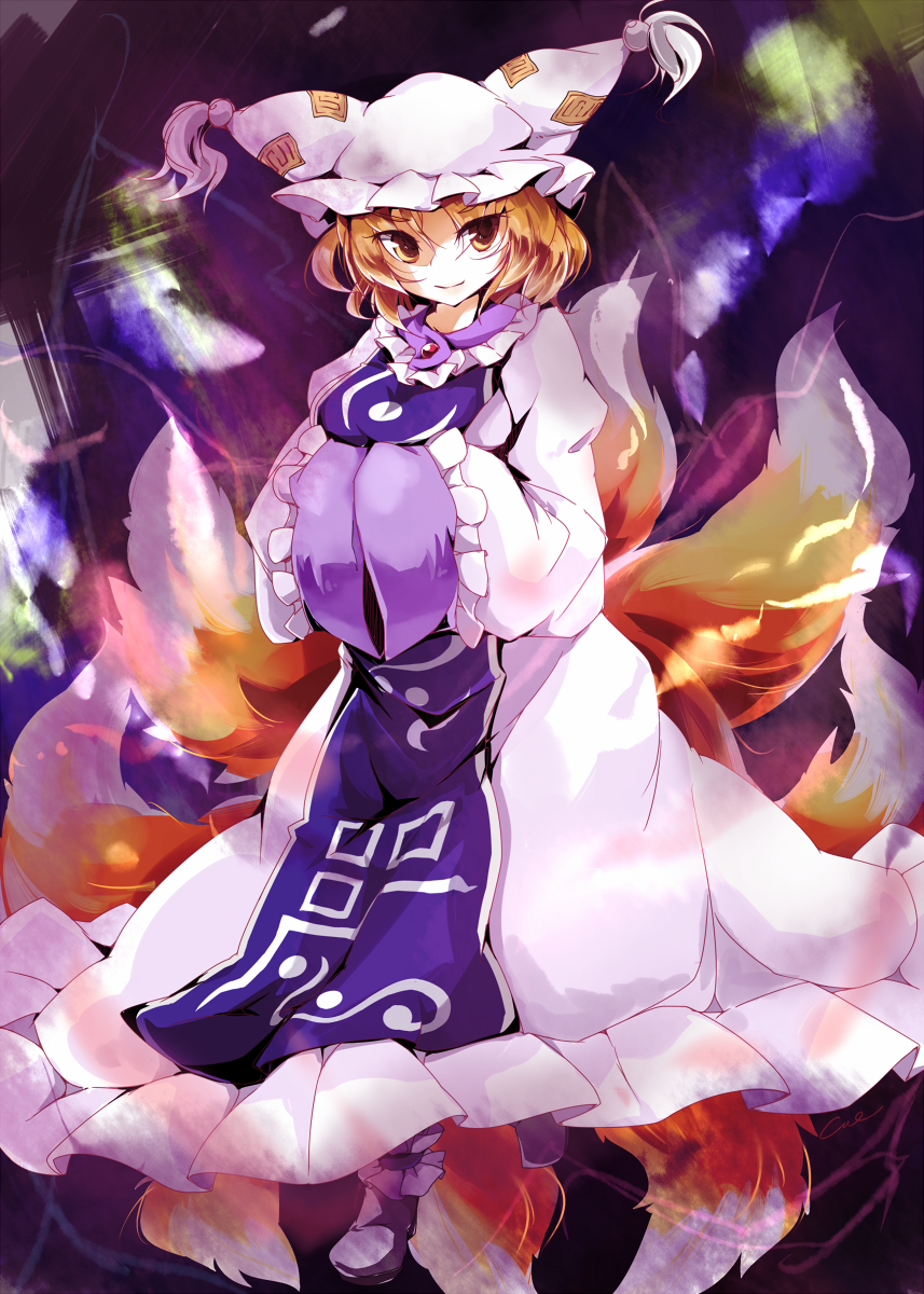 1girl, animal_hat, blonde_hair, cue_(lindwrum), dress, female_focus, fox_tail, frilled_dress, frills, hands_in_opposite_sleeves, hat, highres, kitsune, long_sleeves, looking_at_viewer, mob_cap, multiple_tails, short_hair, solo, tabard, tail, tassel, touhou, white_dress, white_footwear, yakumo_ran, yellow_eyes