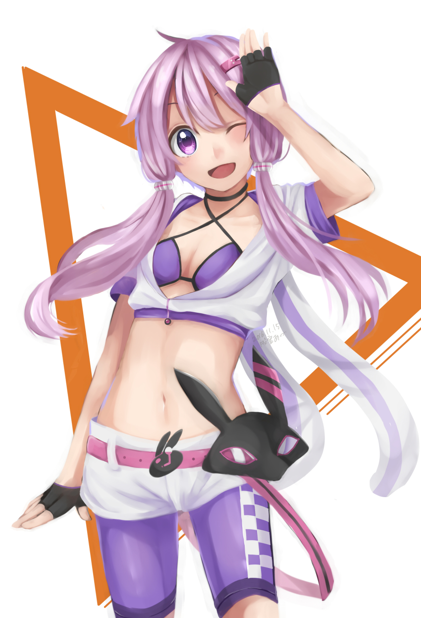 1girl, ;d, absurdres, alternate_costume, animal_hood, arm_up, artist_name, bad_id, bad_pixiv_id, belt, bike_shorts, bike_shorts_under_shorts, bra, breasts, choker, contrapposto, cowboy_shot, crop_top, dated, female_focus, fingerless_gloves, gloves, hair_ornament, hairclip, head_tilt, highres, hood, hood_down, hoodie, looking_at_viewer, mask, midriff, narumiyaaz, navel, one_eye_closed, open_mouth, purple_bra, purple_eyes, purple_hair, rabbit_hood, short_hair_with_long_locks, short_sleeves, shorts, sidelocks, small_breasts, smile, solo, standing, stomach, triangle, underwear, unworn_mask, vocaloid, voiceroid, white_background, yuzuki_yukari