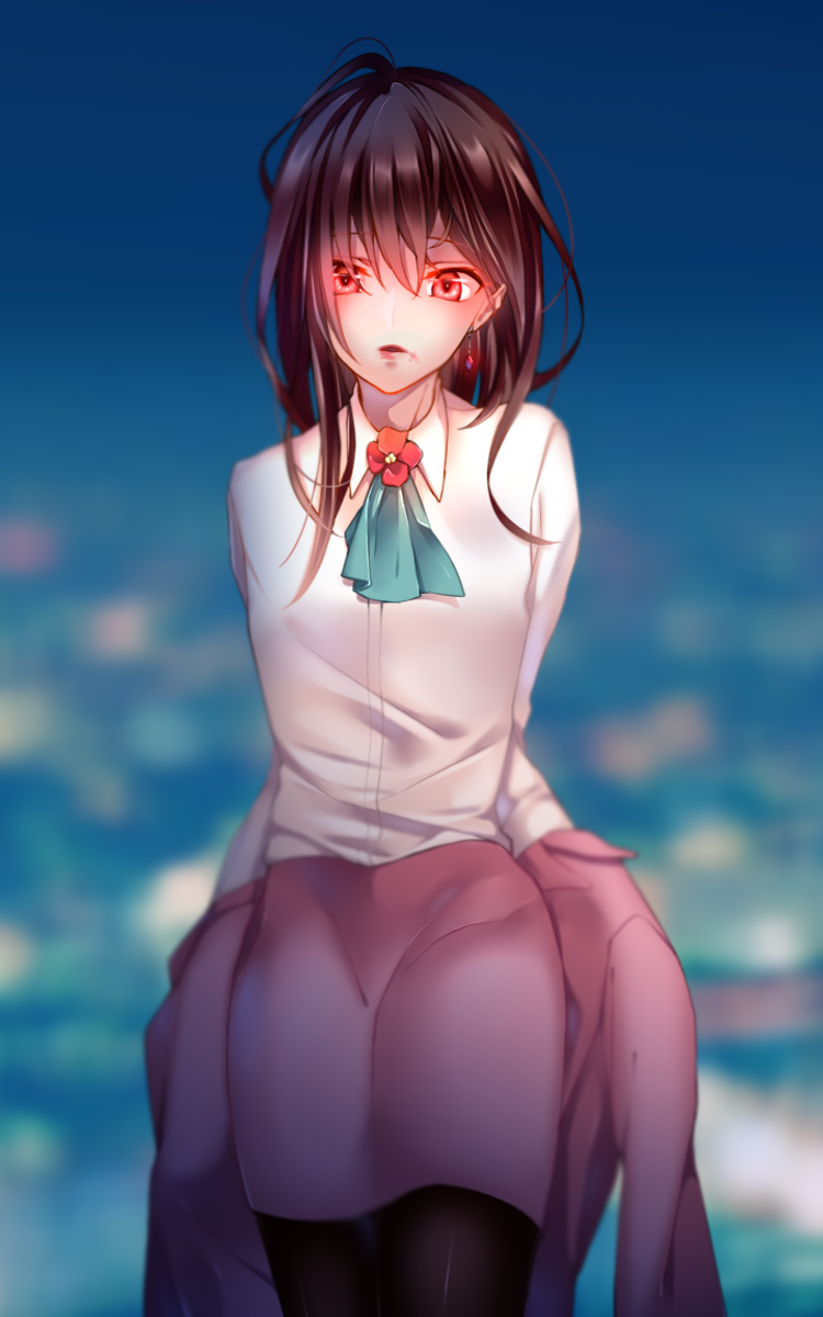 1boy, ascot, bad_id, bad_pixiv_id, bei1997, black_pantyhose, blurry, brown_hair, collared_shirt, cowboy_shot, crossdressing, crossdressing_(mtf), depth_of_field, dress_shirt, earrings, flower, formal_clothes, glowing, glowing_eyes, hair_between_eyes, highres, hunter_x_hunter, jacket, jewelry, kurapika, lipstick, long_hair, looking_at_viewer, makeup, male_focus, messy_hair, miniskirt, night, pantyhose, parted_lips, pencil_skirt, pink_jacket, pink_skirt, red_eyes, red_flower, red_lips, shirt, skirt, skirt_suit, solo, suit, undressing, white_shirt, wig