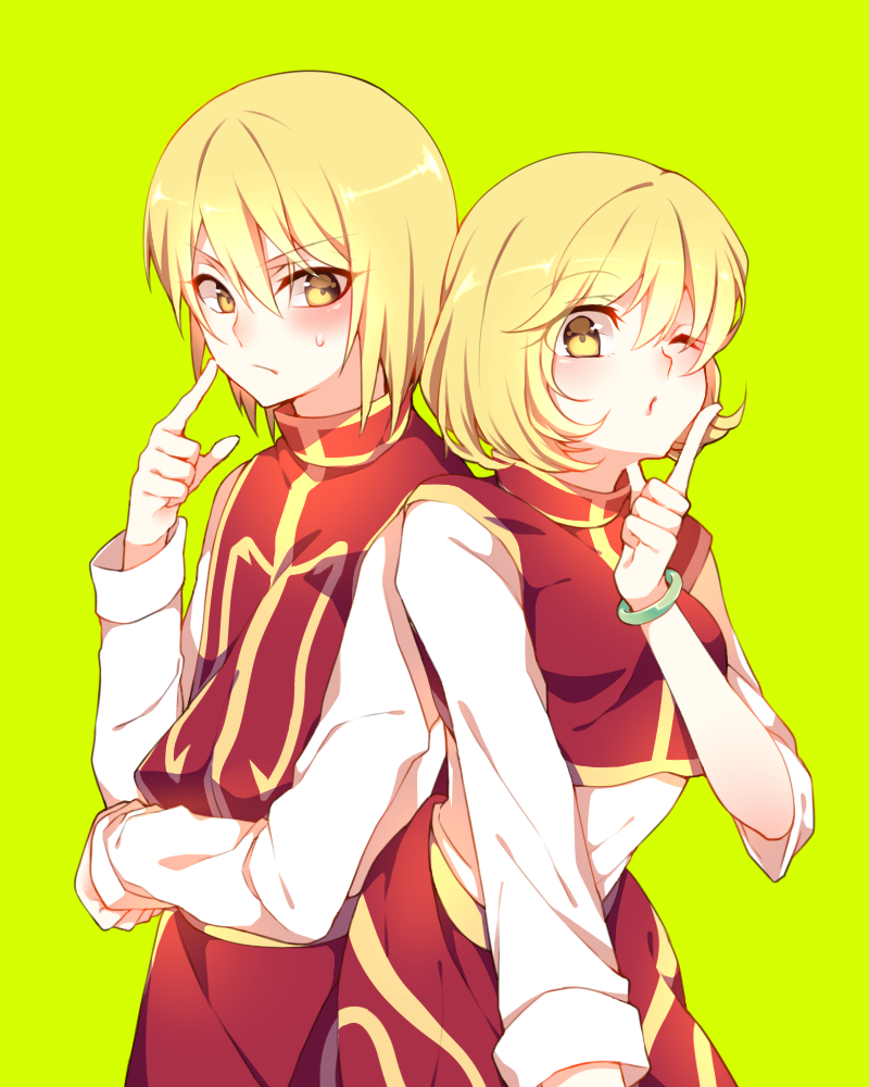 1boy, 1girl, alternate_color, bad_id, bad_pixiv_id, bangle, bei1997, blonde_hair, blush, bob_cut, bracelet, breasts, cowboy_shot, crop_top, finger_to_cheek, finger_to_mouth, hair_between_eyes, hunter_x_hunter, index_finger_raised, jewelry, kurapika, kurapika's_mother, long_sleeves, looking_at_another, looking_at_viewer, looking_to_the_side, medium_breasts, mother_and_child, mother_and_son, one_eye_closed, parent_and_child, red_skirt, short_hair, shushing, side-by-side, skirt, time_paradox, turtleneck, yellow_eyes