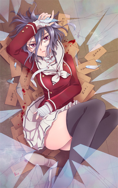 1girl, ass, bandages, black_hair, black_thighhighs, blood, envelope, female_focus, from_above, fujisawa_ayana, fujisawa_ayana_(fukushuu_kyoushitsu), fukushuu_kyoushitsu, glass_shards, kaname_ryuu, looking_at_viewer, lying, miniskirt, official_art, on_back, pleated_skirt, purple_eyes, school_uniform, serafuku, shoes, skirt, solo, thighhighs, unworn_shoes, zettai_ryouiki