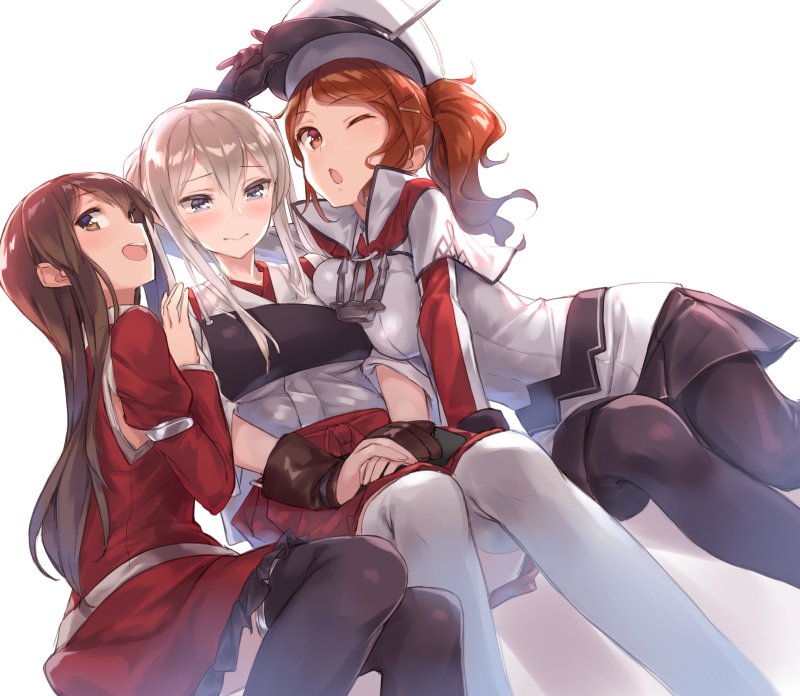 3:, 3girls, :d, akagi_(kancolle), akagi_(kancolle)_(cosplay), aquila_(kancolle), aquila_(kancolle)_(cosplay), black_gloves, black_legwear, blonde_hair, blue_eyes, blush, brown_eyes, brown_hair, capelet, chestnut_mouth, cosplay, costume_switch, girl_sandwich, gloves, graf_zeppelin_(kancolle)_(cosplay), graf_zeppelin_(kancolle), hair_ornament, hat, japanese_clothes, kantai_collection, long_hair, multiple_girls, muneate, one_eye_closed, open_mouth, pantyhose, peaked_cap, ponytail, sandwiched, sidelocks, simple_background, skirt, smile, tasuki, thighhighs, twintails, white_legwear, yomo_(majidon)
