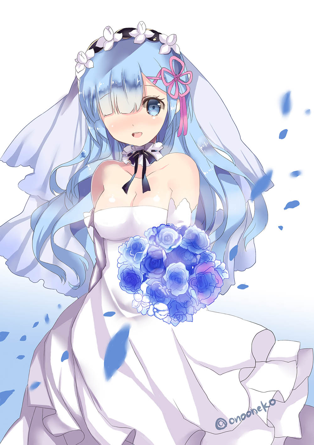 10s, 1girl, bare_shoulders, blue_eyes, blue_flower, blue_hair, blush, bouquet