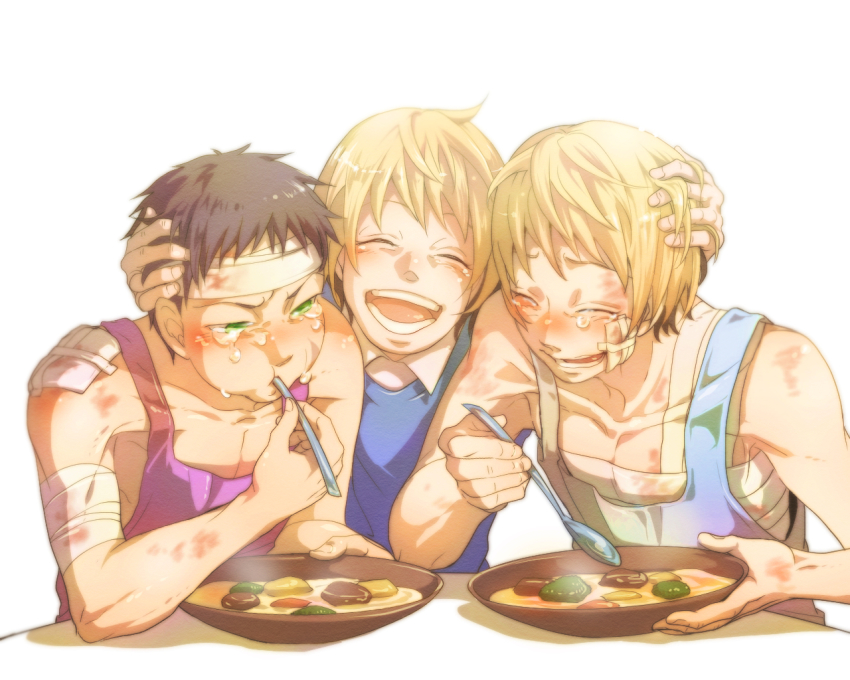 1girl, 2boys, aston_altland, bandages, black_hair, blonde_hair, brother_and_sister, bruise, closed_eyes, food, fuuka_uno, good_end, green_eyes, gundam, gundam_tekketsu_no_orphans, injury, multiple_boys, short_hair, siblings, smile, spoon, suga_kinako, takaki_uno, tears, utensil_in_mouth