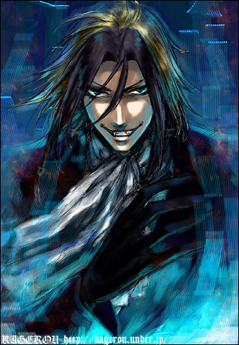 00s, 1boy, ascot, bad_id, bad_pixiv_id, brown_hair, colored_bangs, evil_smile