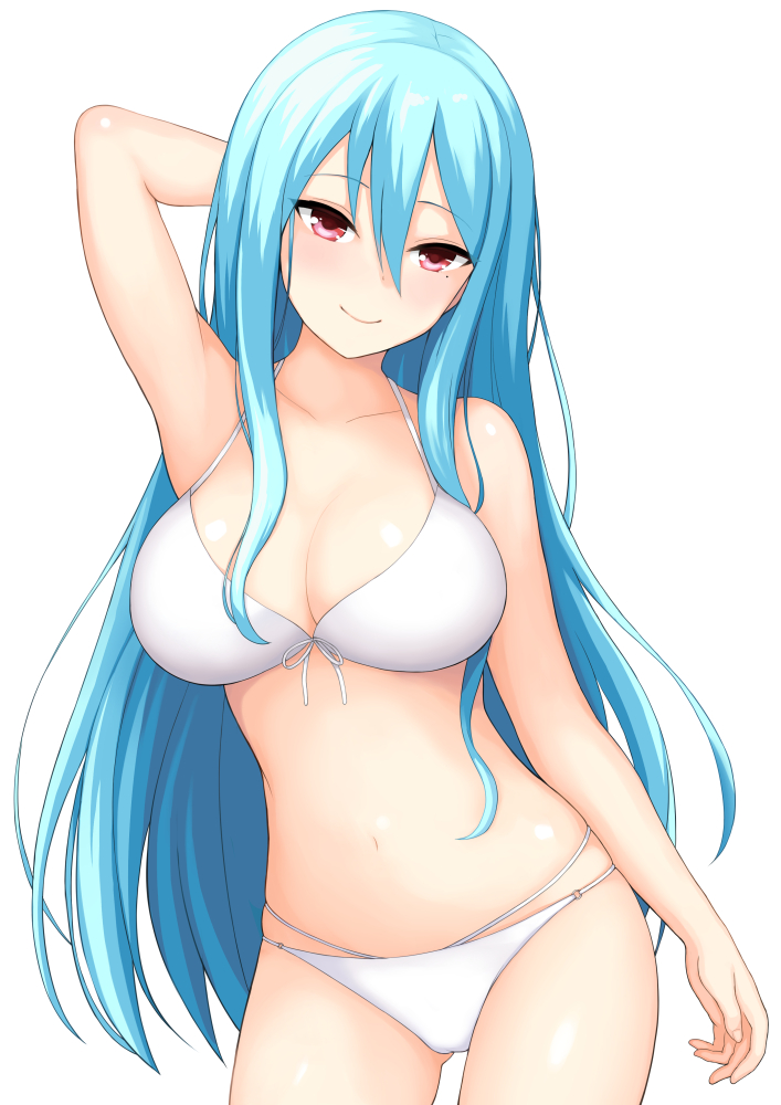 1girl, arm_behind_head, armpits, asahashi_tsuyu, bad_id, bad_pixiv_id, bikini, blue_hair, breasts, cleavage, contrapposto, cowboy_shot, female_focus, front-tie_top, girlfriend_(kari), hair_between_eyes, kayashima_otome, large_breasts, long_hair, looking_at_viewer, medium_breasts, mole, mole_under_eye, navel, red_eyes, shiny_skin, simple_background, skindentation, smile, solo, standing, swimsuit, white_background, white_bikini