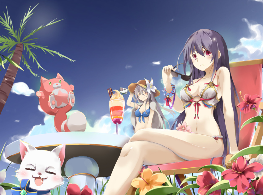 2girls, animal, araragimura_udonya, arm_support, bad_anatomy, bikini, black_hair, blue_bikini, breasts, cat, catora_(shironeko_project), cleavage, closed_eyes, flower, food, from_below, front-tie_bikini_top, front-tie_top, furoria_(shironeko_project), hair_between_eyes, hair_flower, hair_ornament, hibiscus, highres, holding, holding_removed_eyewear, hoshi_tanuki_(shironeko_project), kasumi_(shironeko_project), long_hair, looking_at_viewer, medium_breasts, multiple_girls, navel, open_mouth, palm_tree, parfait, red_eyes, shironeko_project, silver_hair, sunglasses, swimsuit, tree, unworn_eyewear