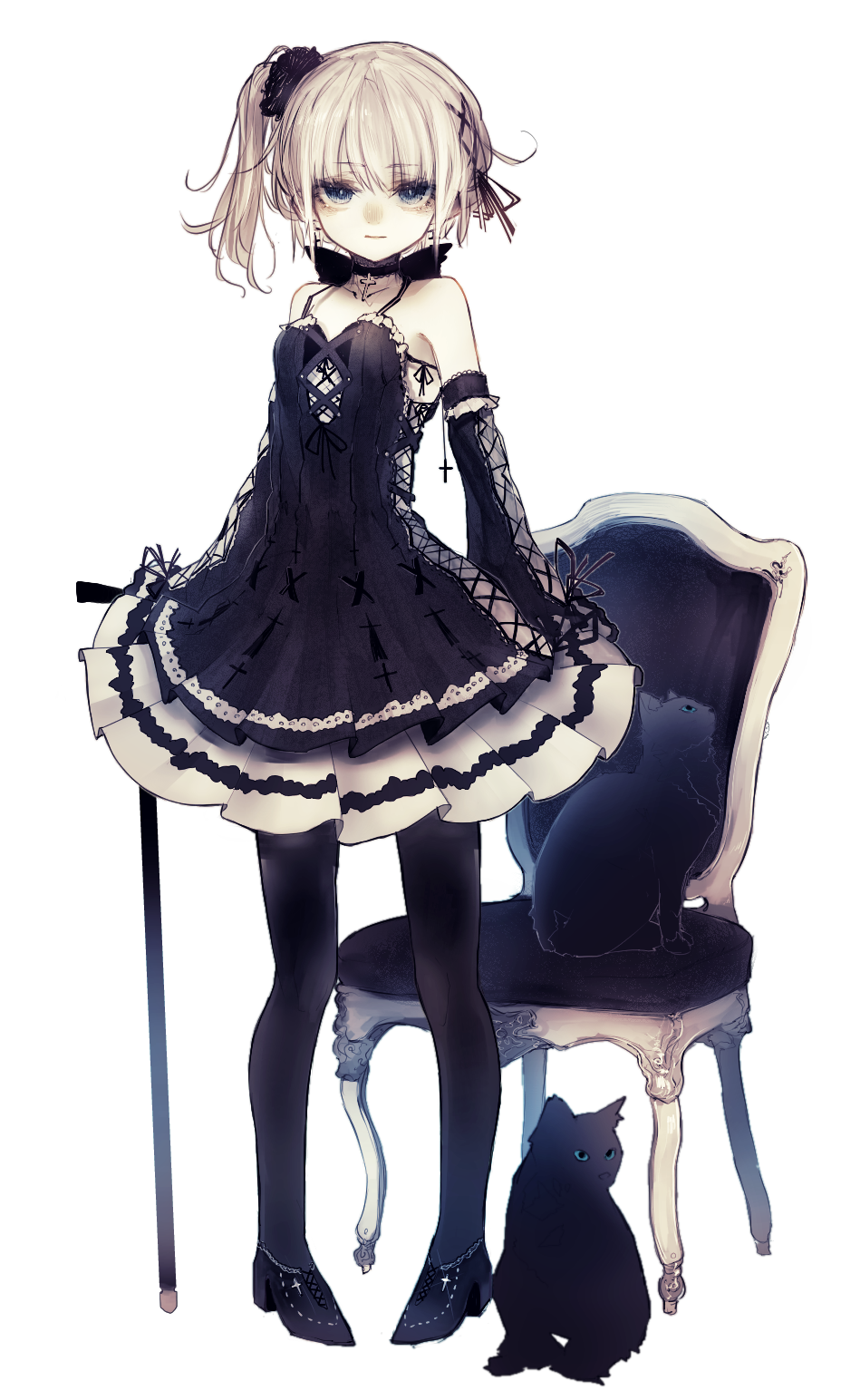 1girl, animal, bare_shoulders, black_bra, black_cat, black_dress, black_pantyhose, black_shoes