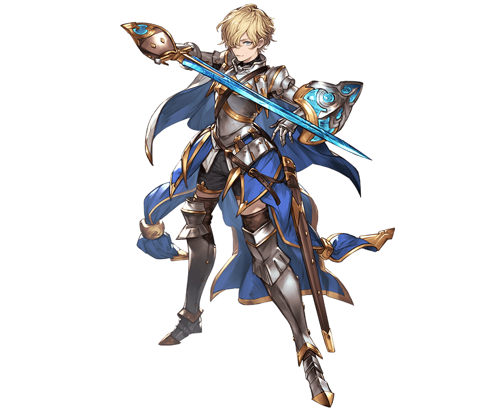 10s, 1girl, black_shorts, blonde_hair, blue_eyes, brown_thighhighs, buckler, cordelia_(granblue_fantasy)