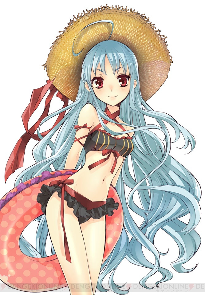 00s, 1girl, ahoge, aliasse, aliasse_(senjou_no_valkyria), arms_behind_back, bikini, cowboy_shot, female_focus, frilled_bikini, frills, hat, hat_ribbon, innertube, ito_noizi, lifebuoy, long_hair, looking_at_viewer, navel, official_art, red_eyes, ribbon, senjou_no_valkyria, senjou_no_valkyria_(series), senjou_no_valkyria_2, silver_hair, smile, solo, straw_hat, swim_ring, swimsuit, very_long_hair, white_background