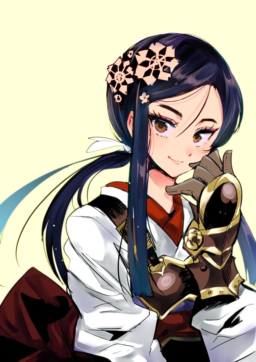 1girl, armor, etrian_odyssey, female_focus, gauntlets, gloves, hair_ornament, hair_ribbon