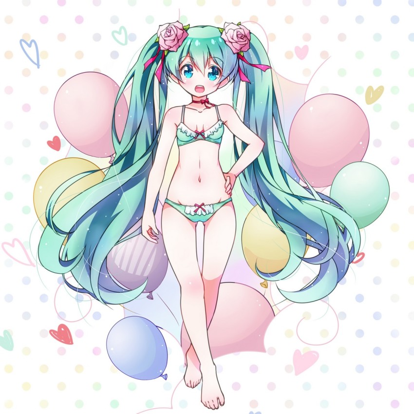 1girl, aqua_eyes, aqua_hair, balloon, bra, female_focus, flower, full_body