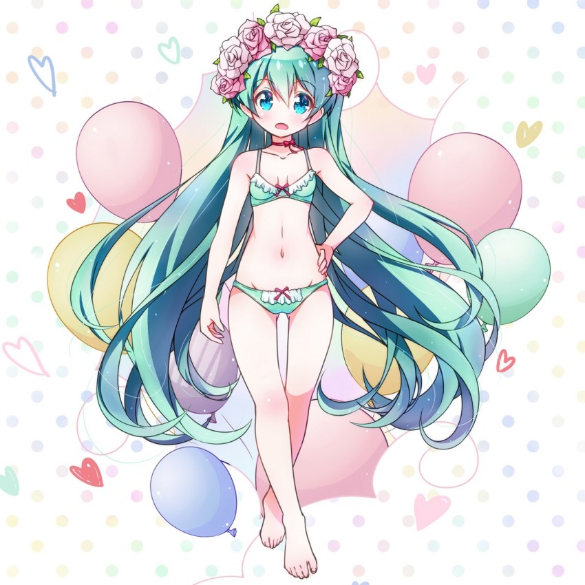 1girl, aqua_eyes, aqua_hair, balloon, barefoot, bra, female_focus, full_body