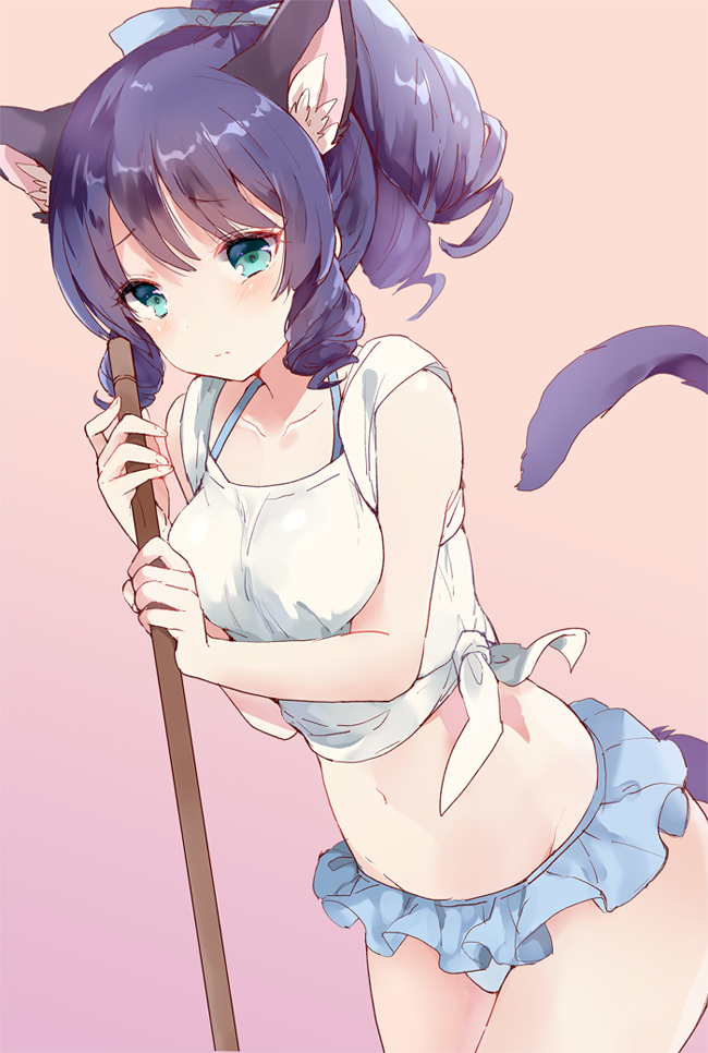 10s, 1girl, animal_ears, aqua_eyes, bamboo_broom, bare_arms, blue_bow, blue_eyes, blue_skirt, blush, bow, bra_strap, breasts, broom, cat_ears, cat_tail, closed_mouth, cowboy_shot, curly_hair, cyan_(show_by_rock!!), eyebrows, female_focus, frilled_skirt, frills, gradient_background, hair_bow, halterneck, holding, kanaicooo, looking_at_viewer, medium_breasts, microskirt, midriff, navel, panties, pink_background, ponytail, purple_hair, ringlets, shirt, show_by_rock!!, sidelocks, skirt, sleeves_rolled_up, solo, stomach, tail, tied_shirt, underwear, white_panties, white_shirt