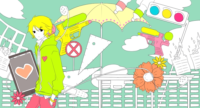 1boy, black_eyes, blonde_hair, bracelet, cloud, flower, gender_request, genderswap, green_hoodie, hood, hoodie, ibuki_(carol), jewelry, kagamine_rinto, male_focus, melancholic_(vocaloid), outdoors, short_hair, sky, solo, table, umbrella, vocaloid