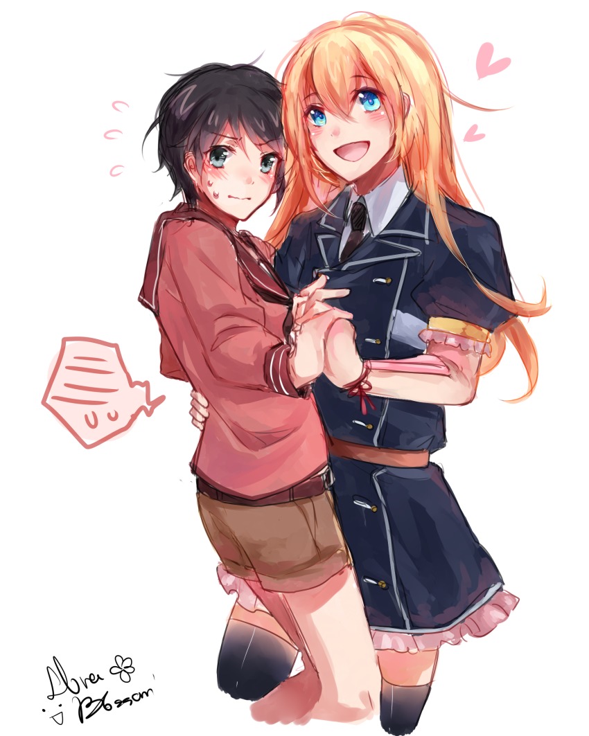 10s, 1boy, 1girl, armor, black_hair, black_socks, blonde_hair, blue_eyes