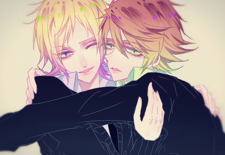 2boys, beige_background, blonde_hair, brown_hair, colorful5, gradient_hair, green_eyes, hinohara_kanade