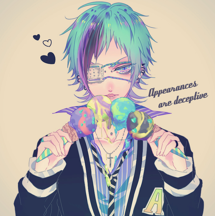 1boy, beige_background, blue_hair, cross, cross_necklace, earrings, english_text, eyepatch, food, ibuki_(carol), ice_cream, jewelry, male_focus, medical_eyepatch, multicolored_hair, necklace, necktie, open_mouth, original, piercing, purple_eyes, purple_hair, purple_shirt, ring, shirt, simple_background, slit_pupils, solo, striped_clothes, striped_necktie, striped_shirt