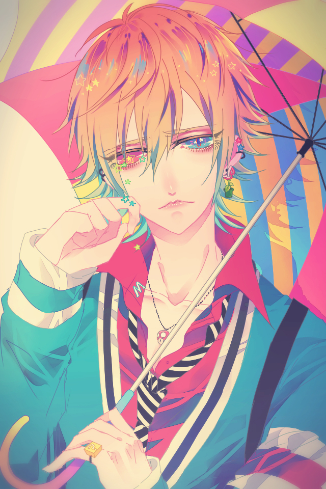 +_+, 1boy, ?, beige_background, black_necktie, blue_eyes, blue_hair, blue_umbrella