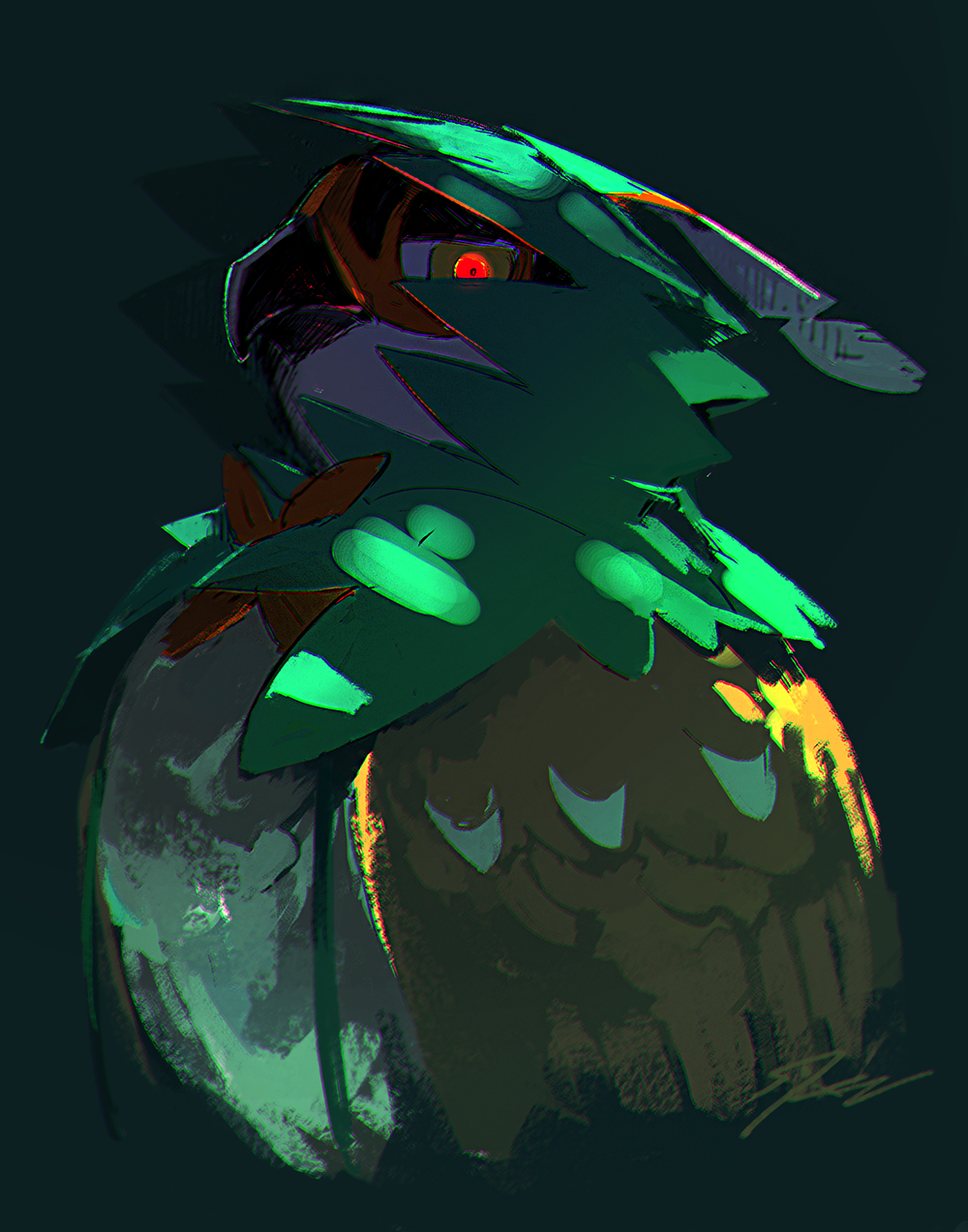 animal_focus, bad_id, bad_pixiv_id, bird, dark_background, decidueye, gen_7_pokemon, glowing