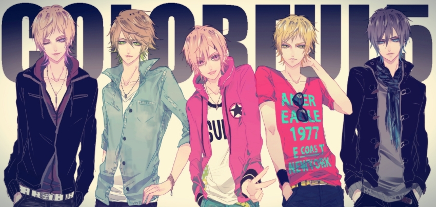 5boys, text_background, beige_background, belt, blonde_hair, blue_eyes, bracelet, brown_hair