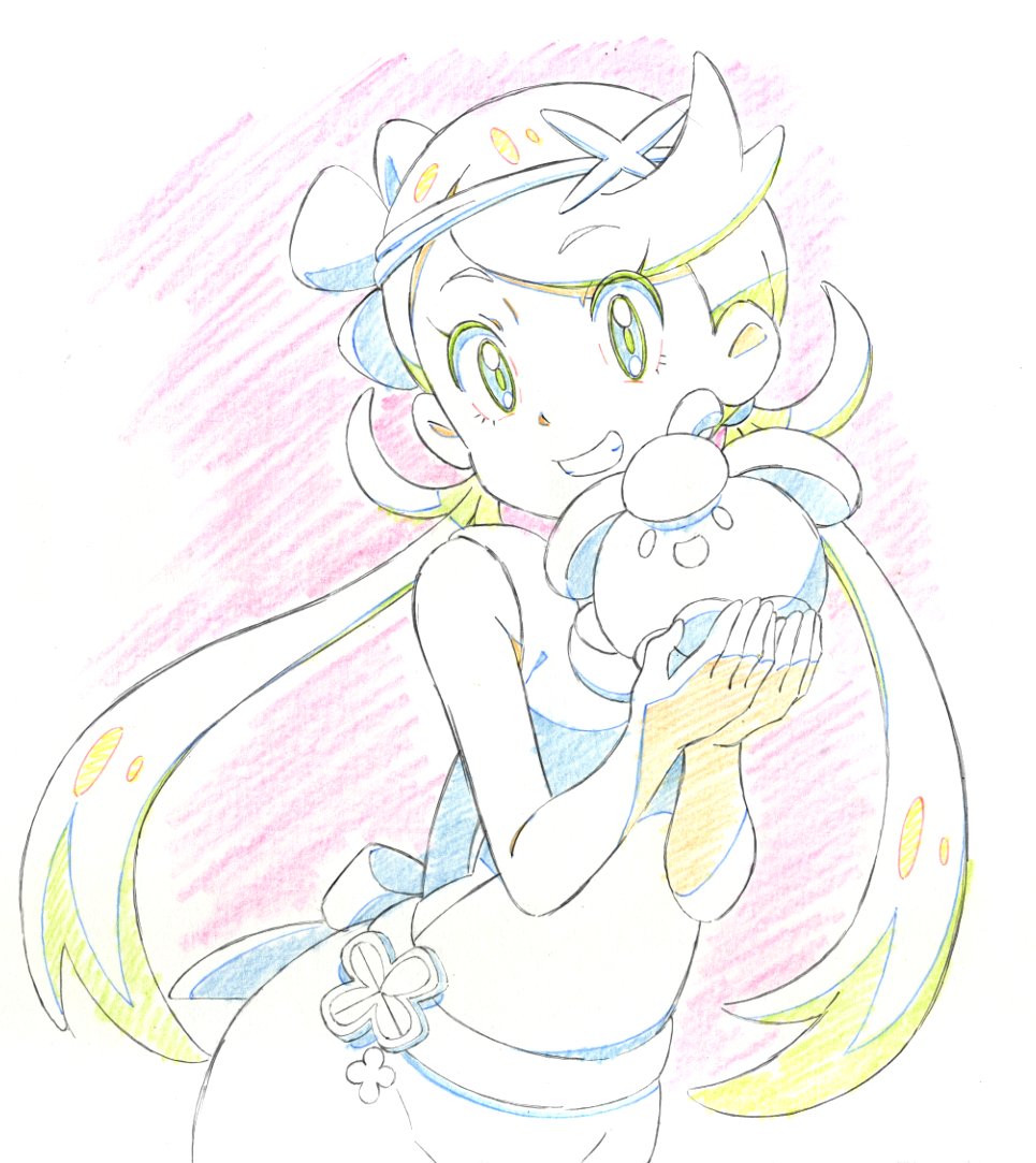 1girl, bad_id, bad_twitter_id, bounsweet, color_trace, colored_pencil_(medium), female_focus, flower, gen_7_pokemon, gensei-225, hair_flower, hair_ornament, long_hair, mallow_(pokemon), nintendo, npc_trainer, pale_color, partially_colored, pokemon, pokemon_(creature), pokemon_sun_and_moon, traditional_media, trial_captain, twintails