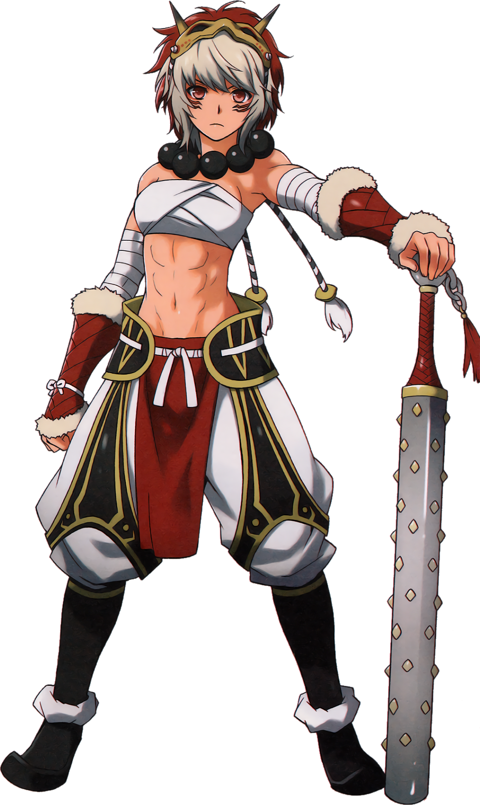 1girl, abs, arikawa_kinu, bandages, bead_necklace, beads, club, club_(weapon), dark-skinned_female, dark_skin, facial_mark, female_focus, fire_emblem, fire_emblem_fates, fur_trim, highres, jewelry, kanabou, mask, mask_on_head, muscular, navel, necklace, nintendo, pelvic_curtain, red_eyes, rinkah_(fire_emblem), sarashi, solo, spiked_club, transparent_background, weapon, white_background, white_hair, wrist_guards