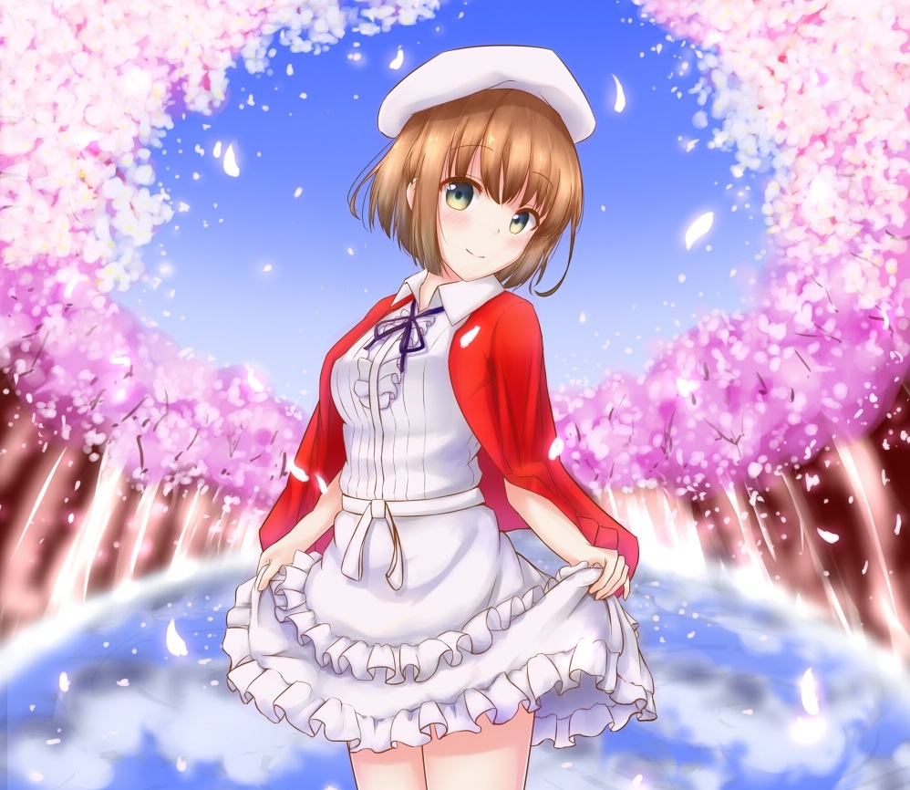 1girl, asaka, blurry, brown_hair, cherry_blossoms, dress, female_focus, frilled_dress, frills, hat, katou_megumi, looking_at_viewer, petals, ribbon, saenai_heroine_no_sodatekata, short_hair, smile, solo