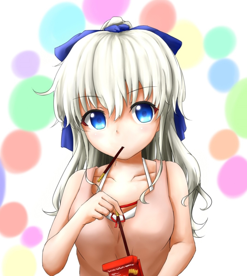 10s, 1girl, asaka, blue_eyes, charlotte_(anime), female_focus, food, hair_ornament, highres, long_hair, pocky, ponytail, silver_hair, solo, tomori_nao