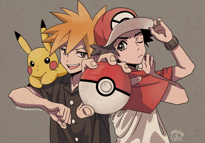 2016, 2boys, baseball_cap, blue_oak, blue_oak_(pokemon_sm), dated, gen_1_pokemon, hat