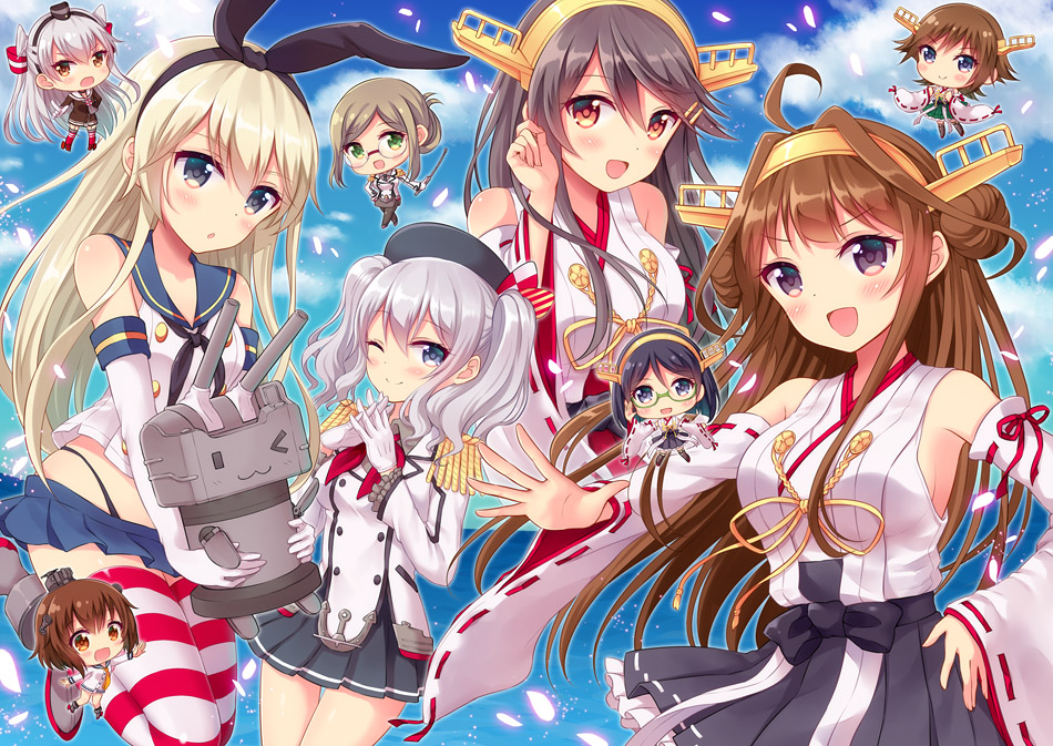 10s, 6+girls, amatsukaze_(kancolle), animal_ears, bad_id, bad_pixiv_id, bare_shoulders, beret