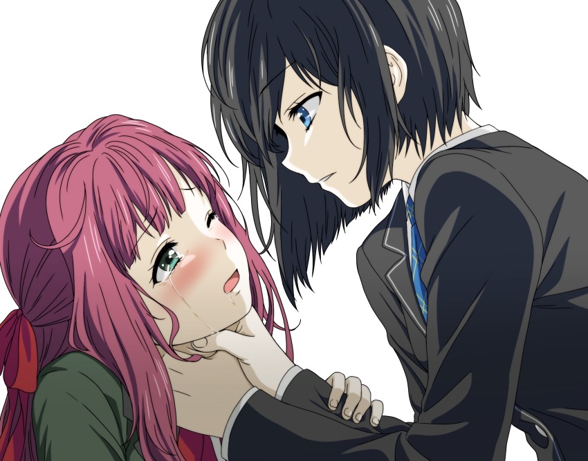 10s, 2girls, asphyxiation, black_hair, blue_eyes, blue_necktie, blush, bow, crying, drooling, expressionless, eye_contact, formal_clothes, green_eyes, hair_bow, hair_ribbon, hand_up, hands_up, highres, homura_suzuko, long_hair, long_sleeves, looking_at_another, looking_up, lostorage_wixoss, morikawa_chinatsu, multiple_girls, necktie, one_eye_closed, open_mouth, pink_hair, red_hair, red_ribbon, ribbon, saliva, shirt, short_hair, simple_background, strangling, suit, tears, uniform, white_background, white_shirt, wixoss, yakiniku_(konoha3561), yuri