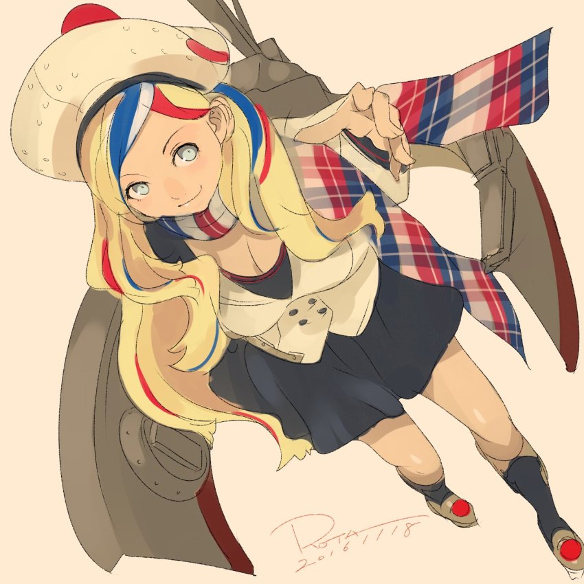 10s, 1girl, 2016, arms_behind_back, beret, black_skirt, black_socks, blonde_hair