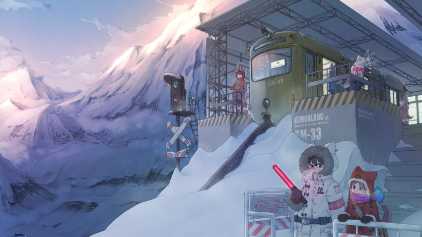 6+girls, animal_ears, animal_hat, animal_hood, bad_id, bad_pixiv_id, bag, brown_eyes, brown_hair, coat, duffel_bag, fox_ears, fox_tail, gloves, grey_hair, hat, highres, hood, monorail, mountain, multiple_girls, nucomas, original, outdoors, scarf, scenery, shoulder_bag, snow, standing, tail
