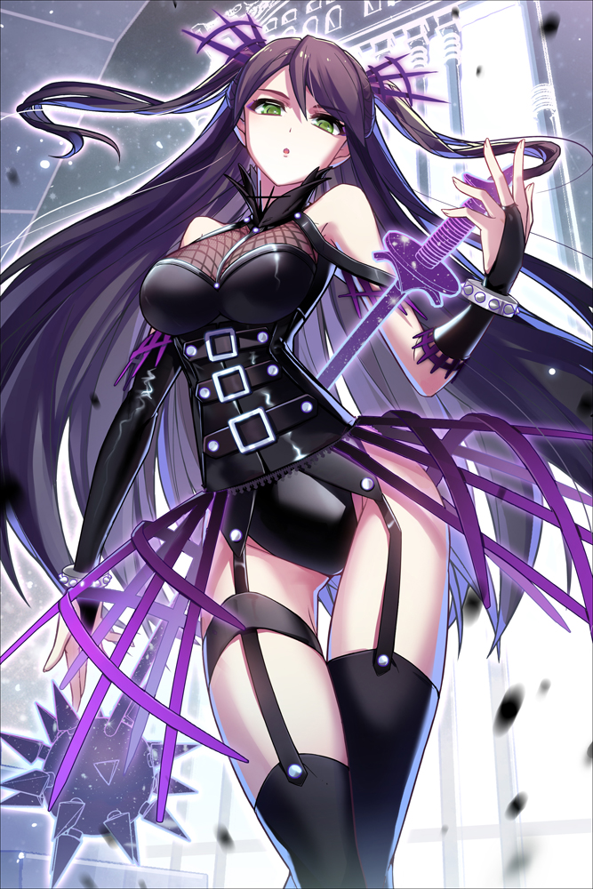 1girl, bare_shoulders, black_gloves, black_thighhighs, bloodline, breasts, daisy_(bloodline), female_focus