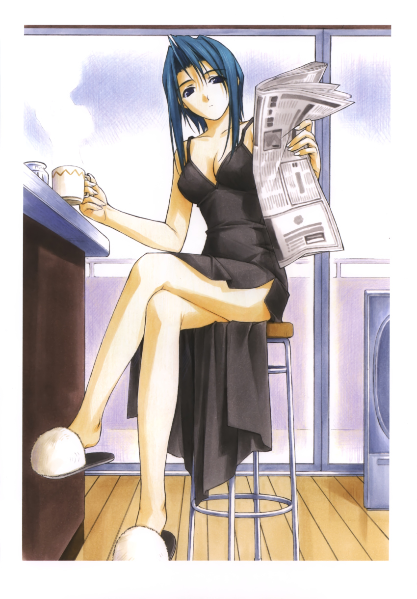 1990s_(style), 1girl, absurdres, blue_hair, breasts, cleavage, crossed_legs, cup
