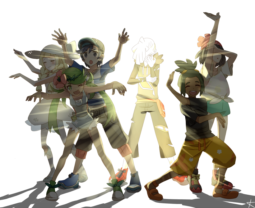 3boys, 3girls, :o, ;d, =_=, ^_^, aqua_shorts, arm_up, arms_up, backlighting, bare_arms, baseball_cap, beanie, black_eyes, black_hair, black_hat, blonde_hair, blue_shorts, blush, bow, braid, breasts, brother_and_sister, closed_eyes, closed_mouth, covered_eyes, cutoffs, dark-skinned_male, dark_skin, drawstring, dress, elio_(pokemon), embarrassed, flower, full_body, gladion_(pokemon), glowing, green_eyes, green_footwear, green_hair, hair_flower, hair_ornament, hair_over_one_eye, hand_on_own_arm, hand_over_eye, hand_up, hat, hau_(pokemon), kanade_(unchi_knd280), legs_apart, lillie_(pokemon), long_hair, looking_at_viewer, mallow_(pokemon), multiple_boys, multiple_girls, nintendo, one_eye_closed, one_eye_covered, open_mouth, outstretched_arms, pale_skin, pigeon-toed, pink_flower, pocket, pokemon, pokemon_sun_and_moon, print_shorts, red_footwear, red_hat, selene_(pokemon), shadow, shirt, shoes, short_hair, short_shorts, short_sleeves, shorts, siblings, signature, simple_background, sleeveless, sleeveless_dress, small_breasts, smile, sneakers, striped_clothes, striped_shirt, sun_hat, swept_bangs, t-shirt, tied_shirt, topknot, trial_captain, twin_braids, twintails, white_background, white_bow, white_dress, white_hair, wide_sleeves, z-move