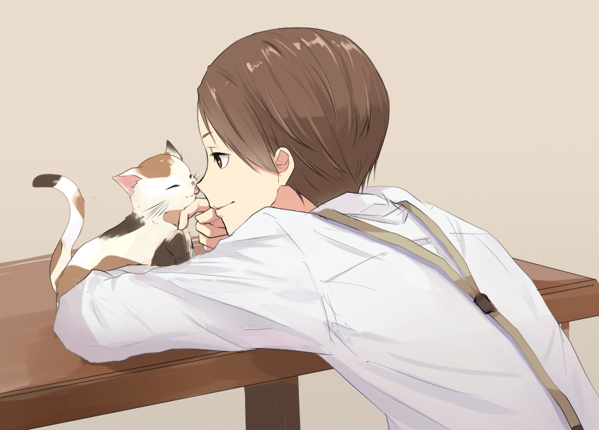 1boy, ^_^, animal, arm_support, bad_id, bad_pixiv_id, beige_background, brown_eyes, brown_hair, calico_(pattern), cat, character_request, closed_eyes, closed_mouth, hatano_(joker_game), headpat, joker_game, licking, long_sleeves, male_focus, nekomaaro, profile, shirt, simple_background, smile, suspenders, table, tongue, tongue_out, upper_body, whiskers, white_shirt, wooden_table