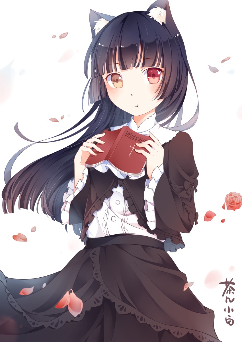 1girl, :t, absurdres, animal_ears, black_hair, book, cat_ears, chaji_xiao_bai